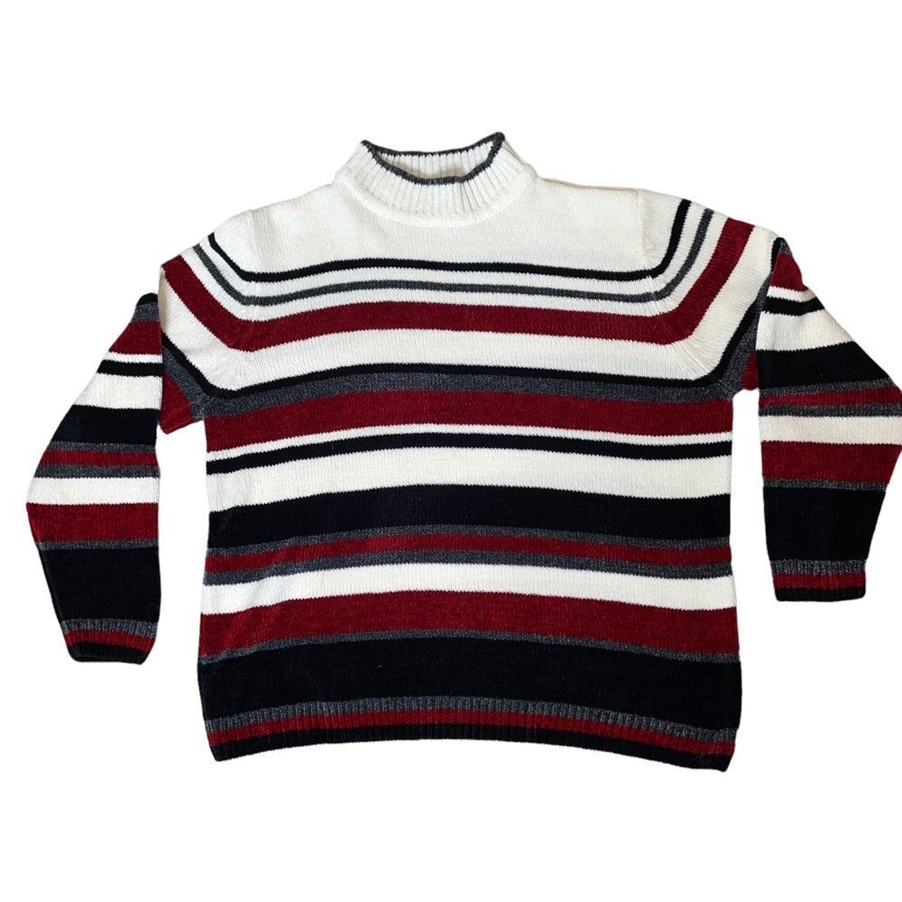 Alfred Dunner cream, maroon & black chunky knit sweater SZ XL